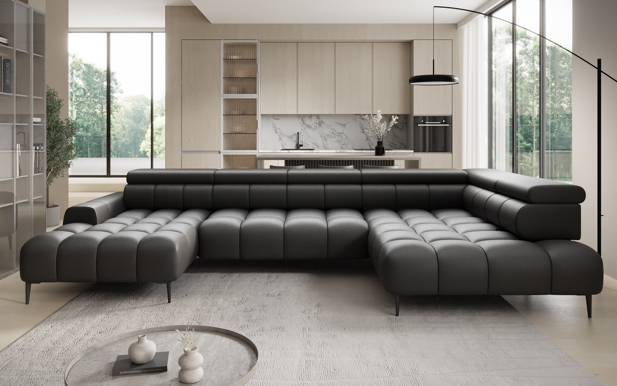 Designer Sofa Ceora U mit elektrischer Schlaffunktion und verstellbarerer Rückenlehne in Echtleder