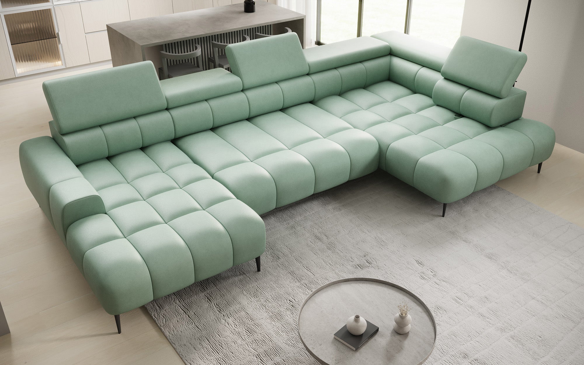 Designer Sofa Ceora U mit elektrischer Schlaffunktion und verstellbarerer Rückenlehne in Echtleder