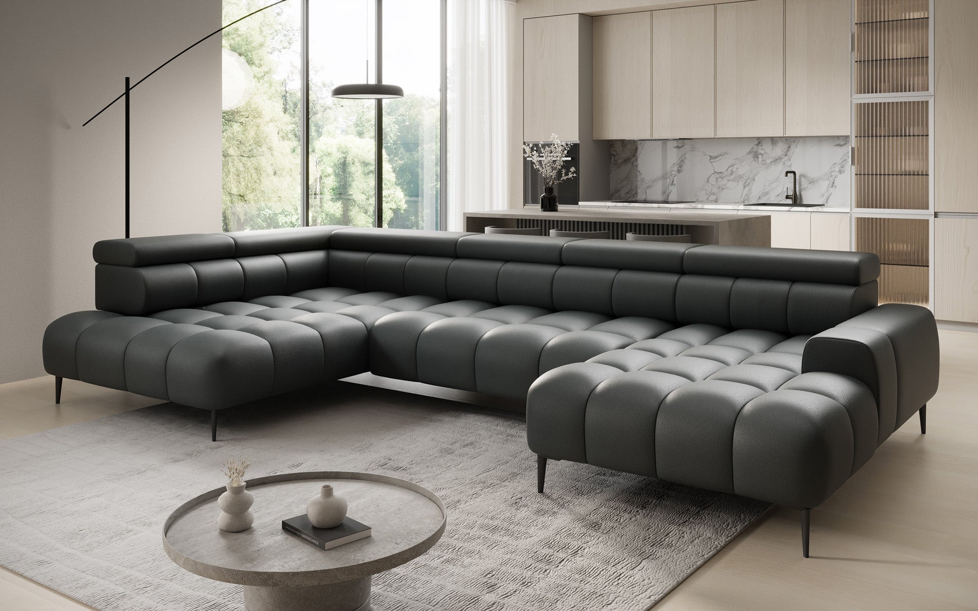 Designer Sofa Ceora U mit elektrischer Schlaffunktion und verstellbarerer Rückenlehne in Echtleder