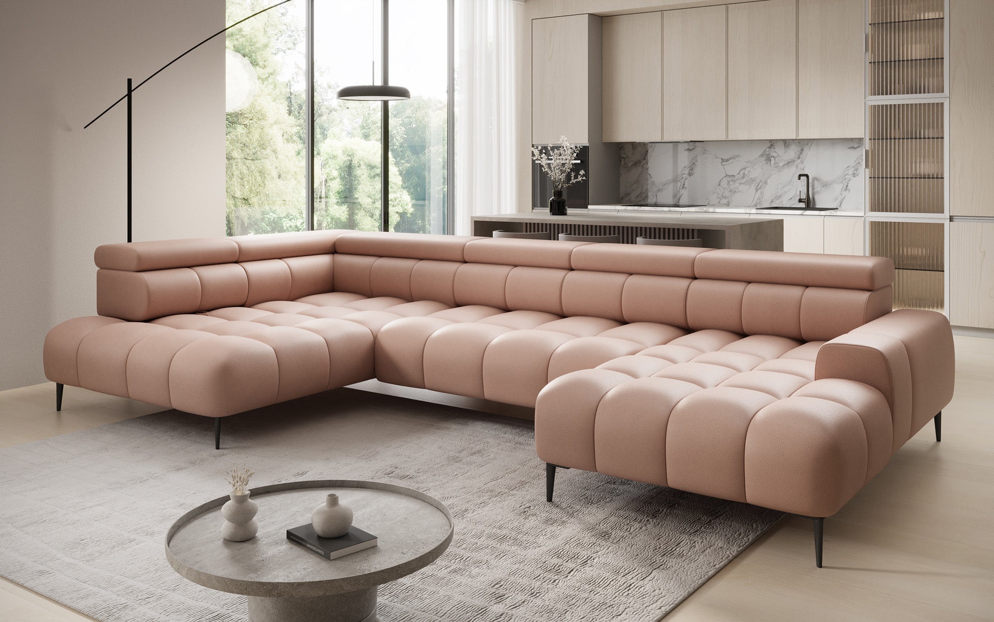 Designer Sofa Ceora U mit elektrischer Schlaffunktion und verstellbarerer Rückenlehne in Echtleder