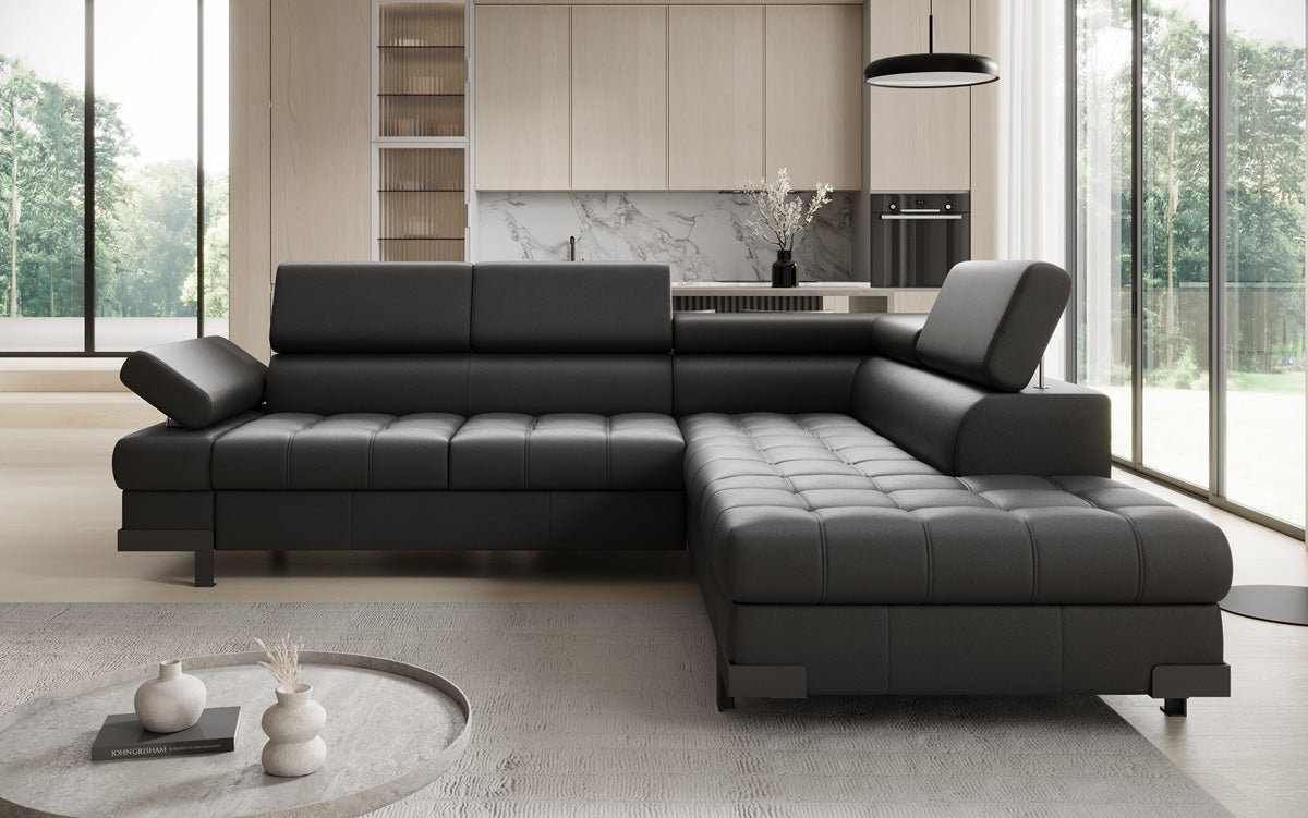 Designer L Sofa Noelia mit Schlaffunktion und Stauraum in Echtleder