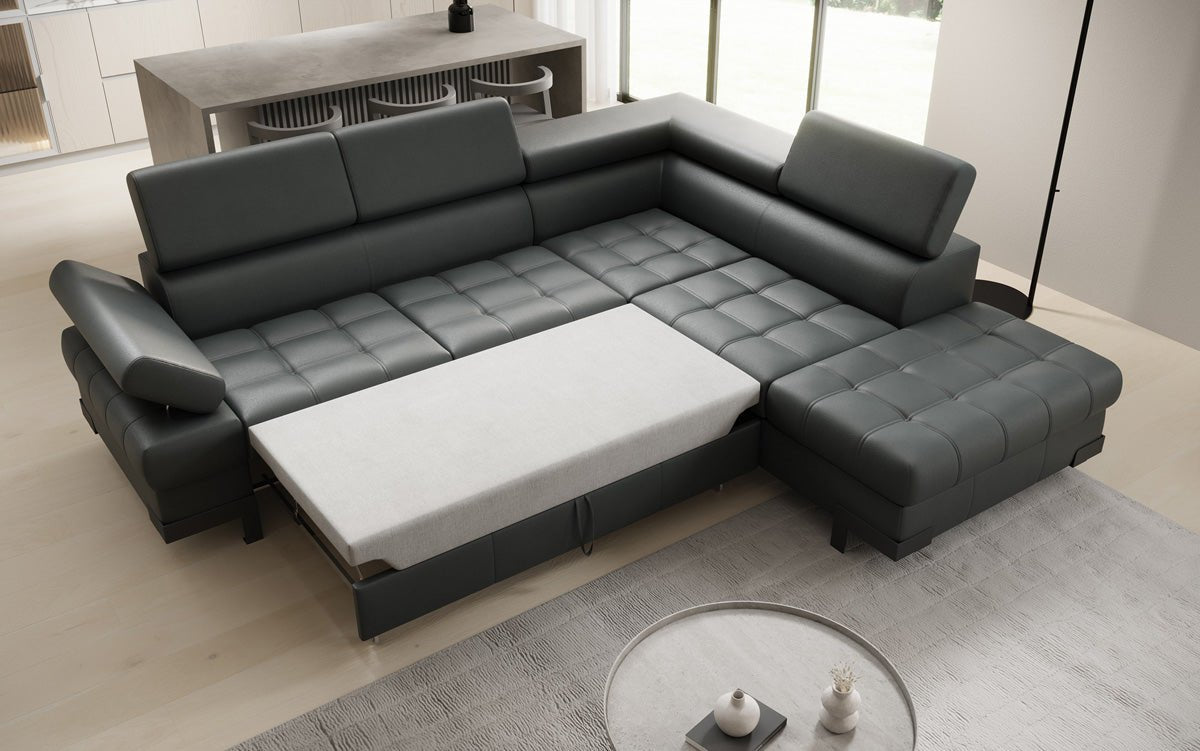 Designer L Sofa Noelia mit Schlaffunktion und Stauraum in Echtleder