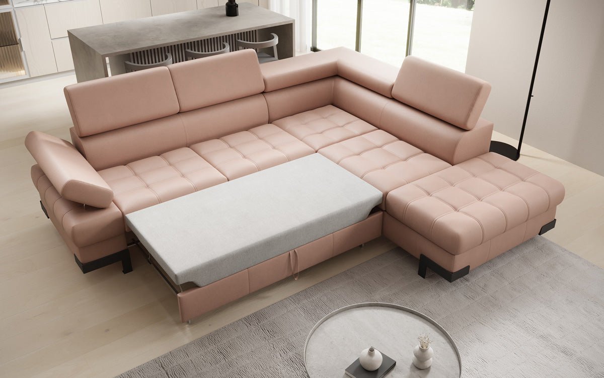 Designer L Sofa Noelia mit Schlaffunktion und Stauraum in Echtleder