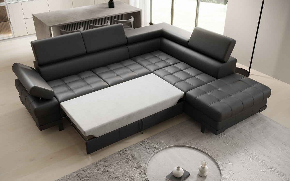 Designer L Sofa Noelia mit Schlaffunktion und Stauraum in Echtleder