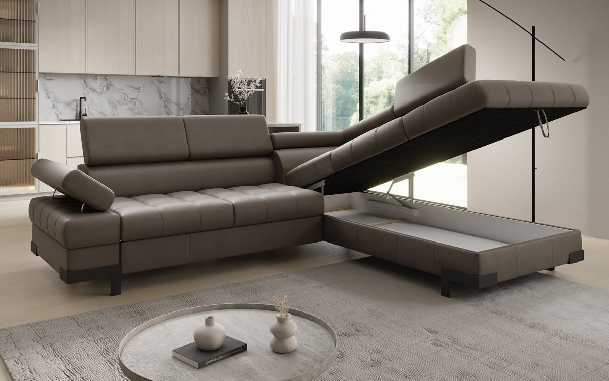 Designer L Sofa Noelia mit Schlaffunktion und Stauraum in Echtleder