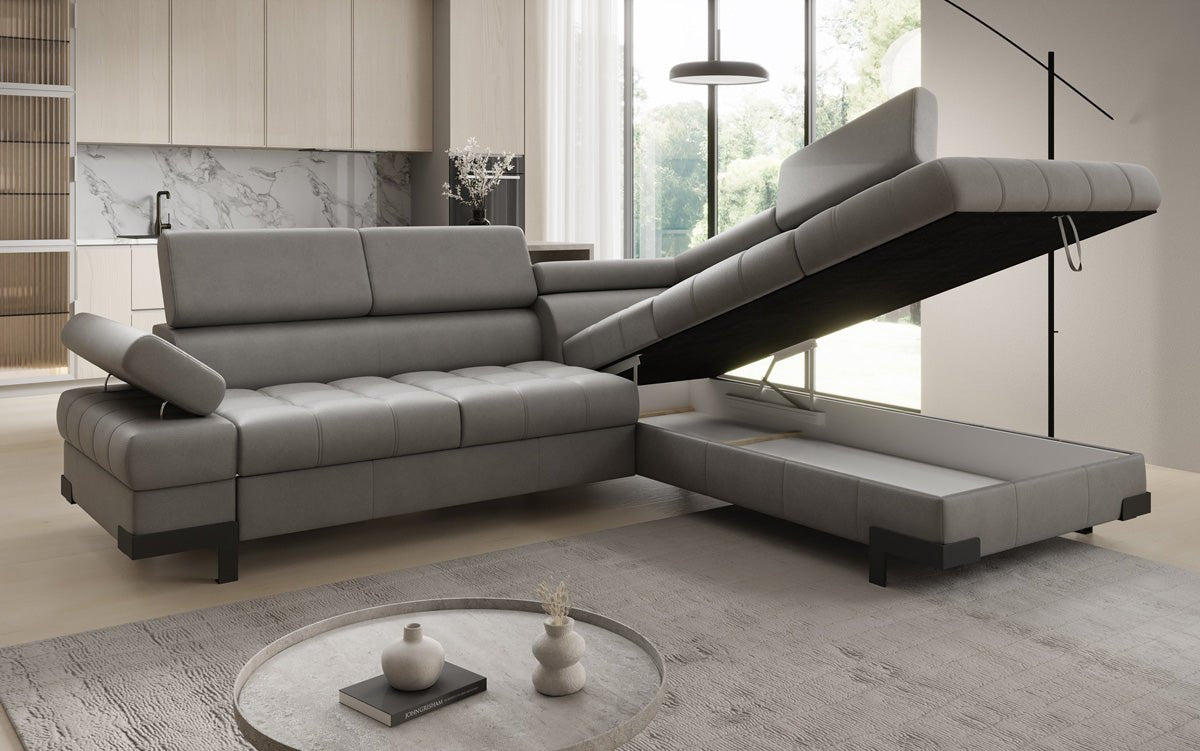 Designer L Sofa Noelia mit Schlaffunktion und Stauraum in Echtleder