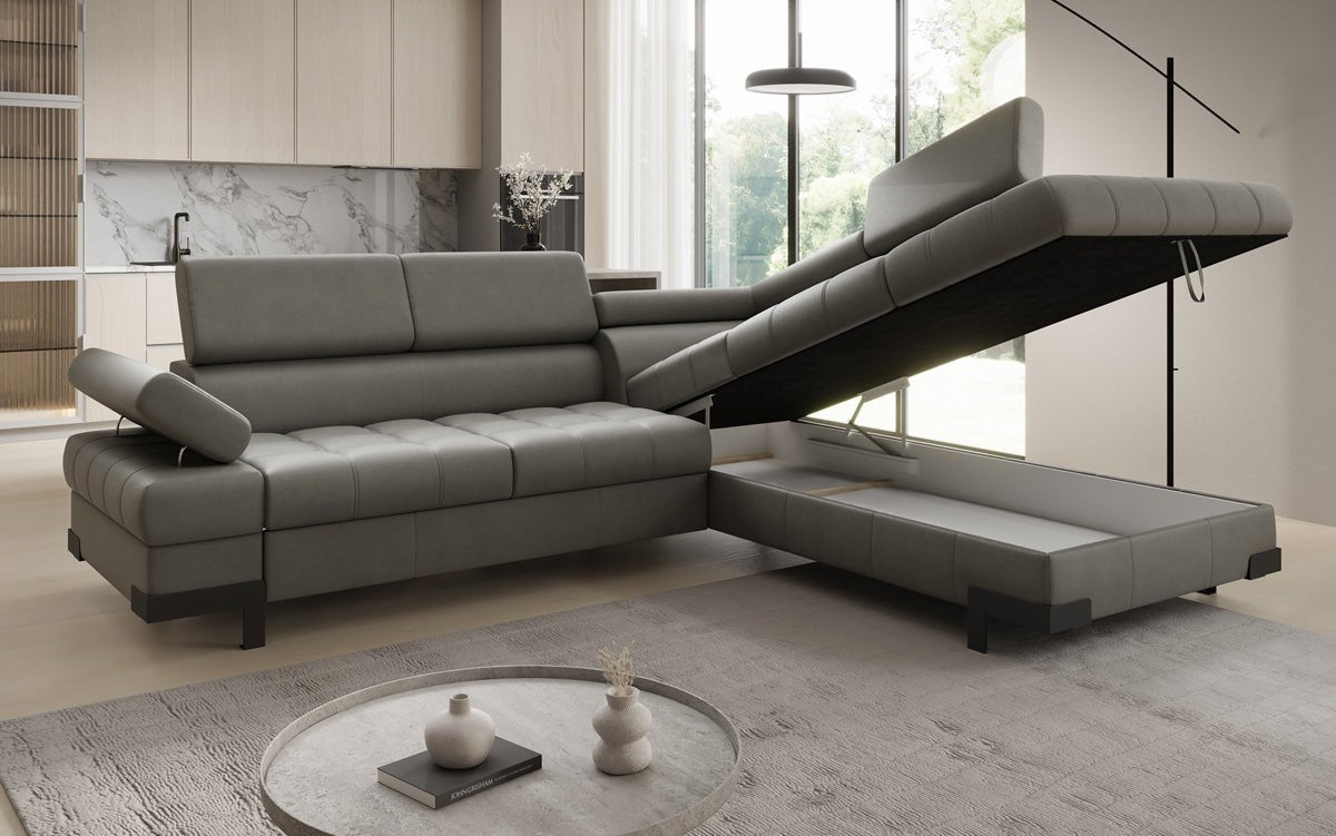 Designer L Sofa Noelia mit Schlaffunktion und Stauraum in Echtleder