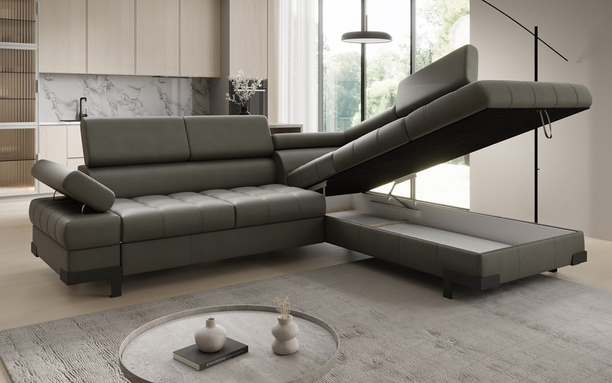 Designer L Sofa Noelia mit Schlaffunktion und Stauraum in Echtleder
