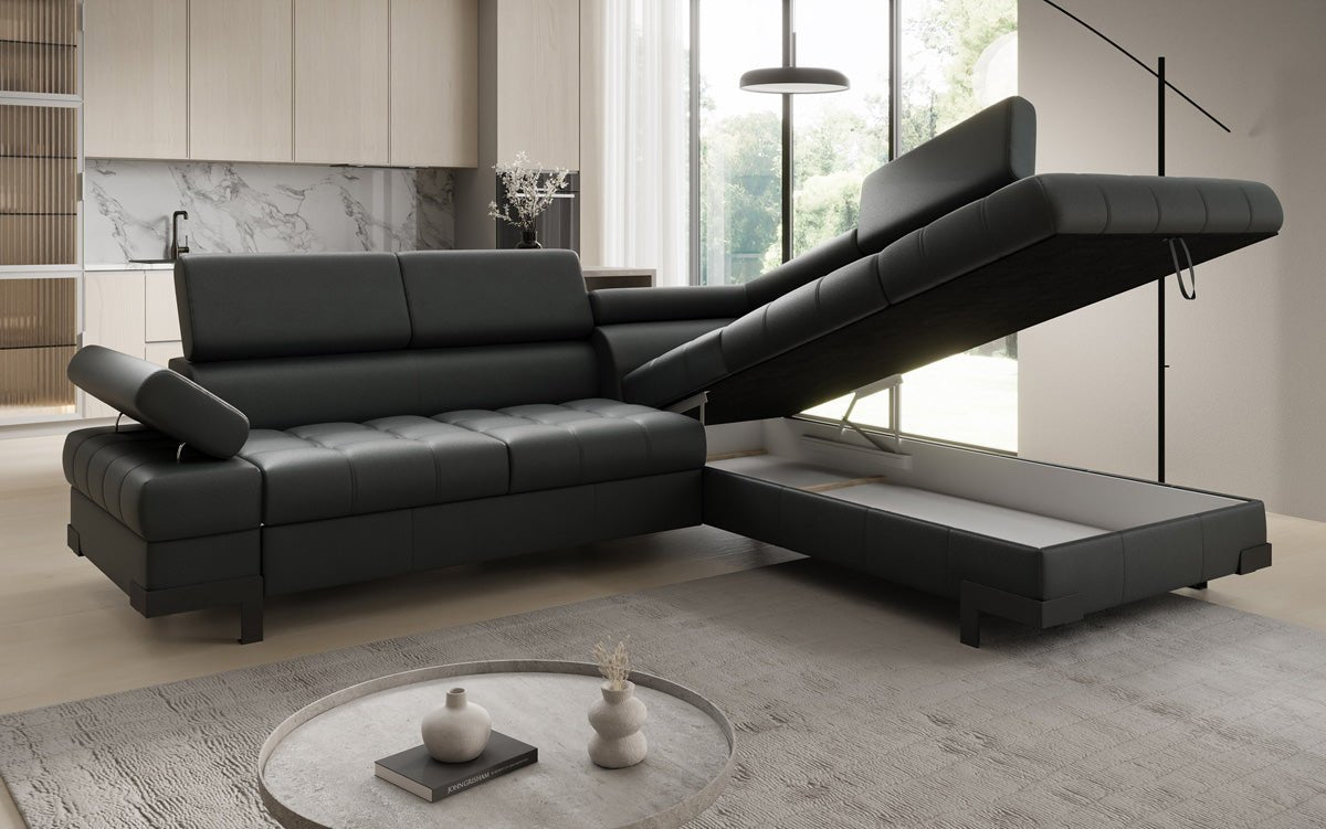 Designer L Sofa Noelia mit Schlaffunktion und Stauraum in Echtleder