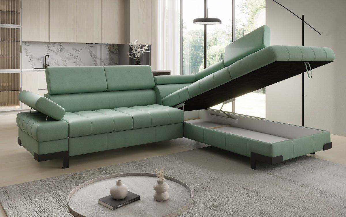 Designer L Sofa Noelia mit Schlaffunktion und Stauraum in Echtleder