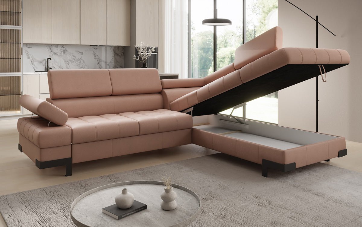 Designer L Sofa Noelia mit Schlaffunktion und Stauraum in Echtleder
