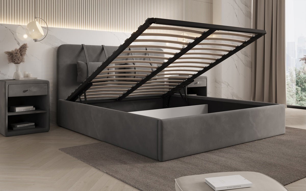 Designer Polsterbett Alma in Samt mit Stauraum