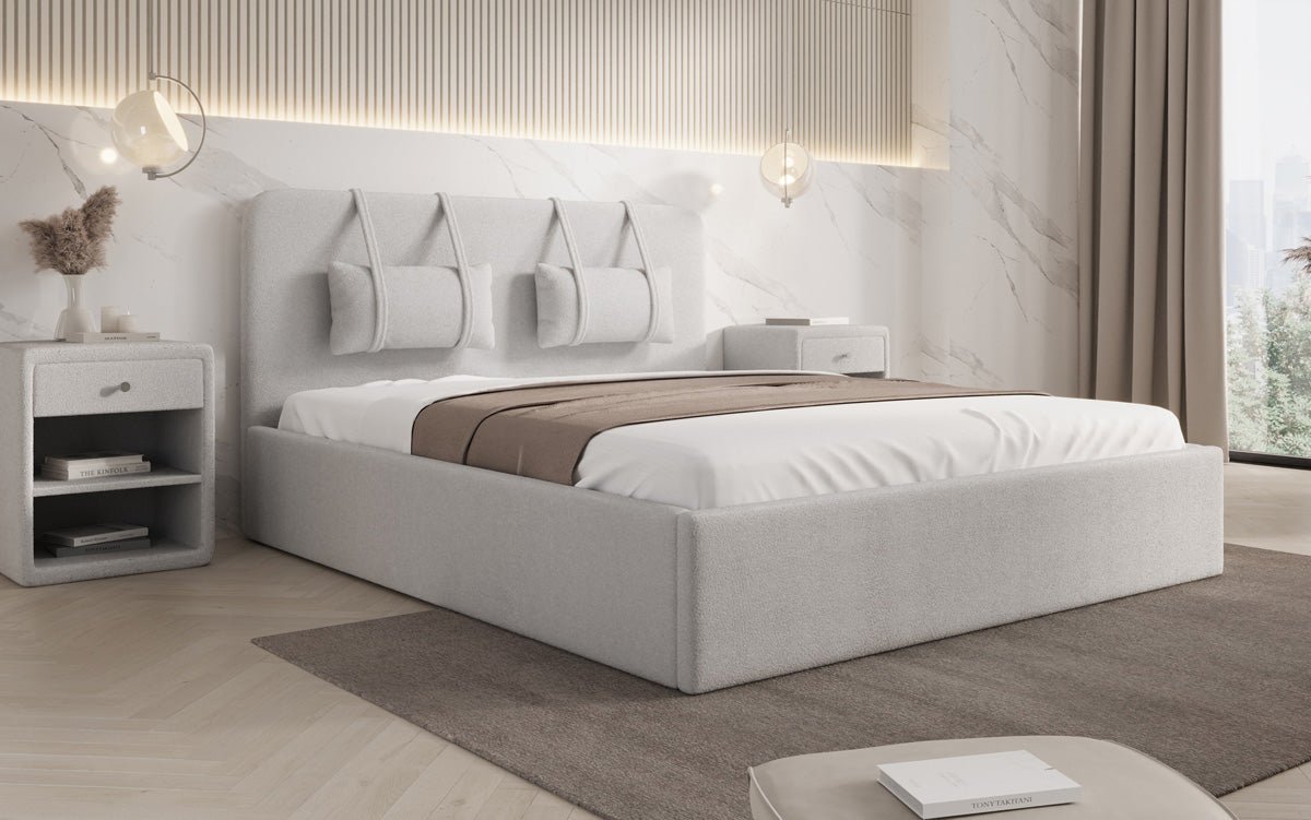 Designer Polsterbett Alma in Bouclé mit Stauraum