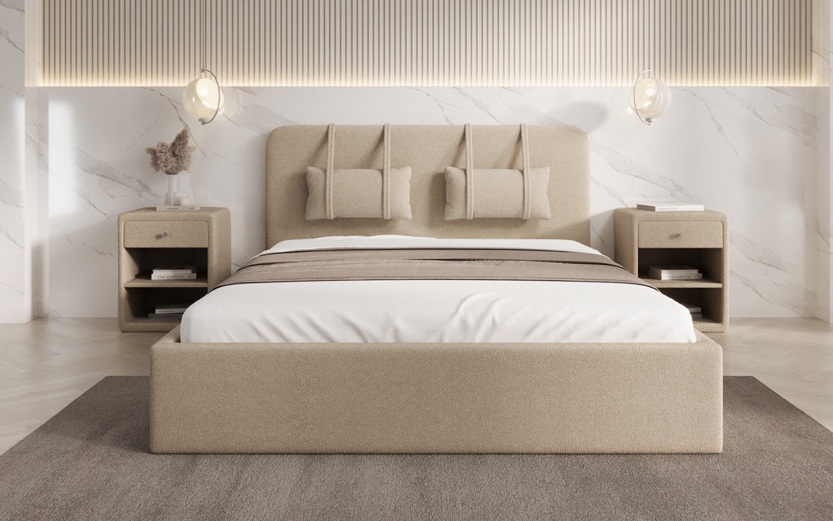 Designer Polsterbett Alma in Bouclé mit Stauraum
