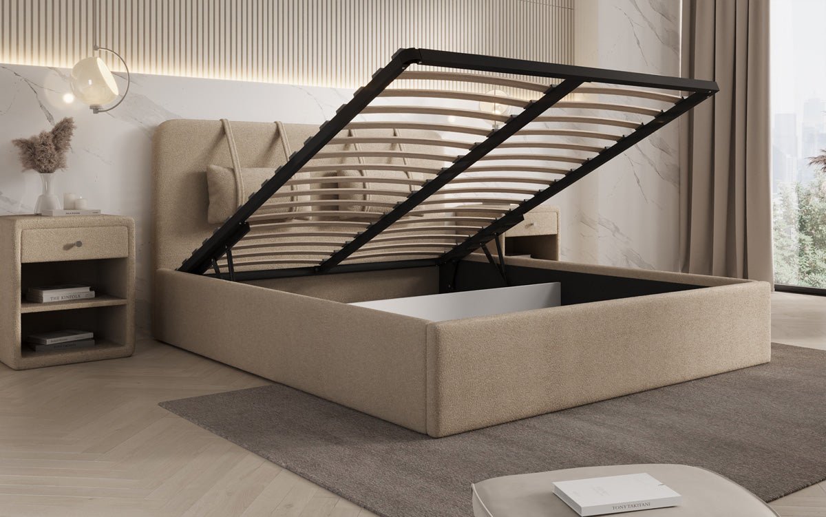 Designer Polsterbett Alma in Bouclé mit Stauraum