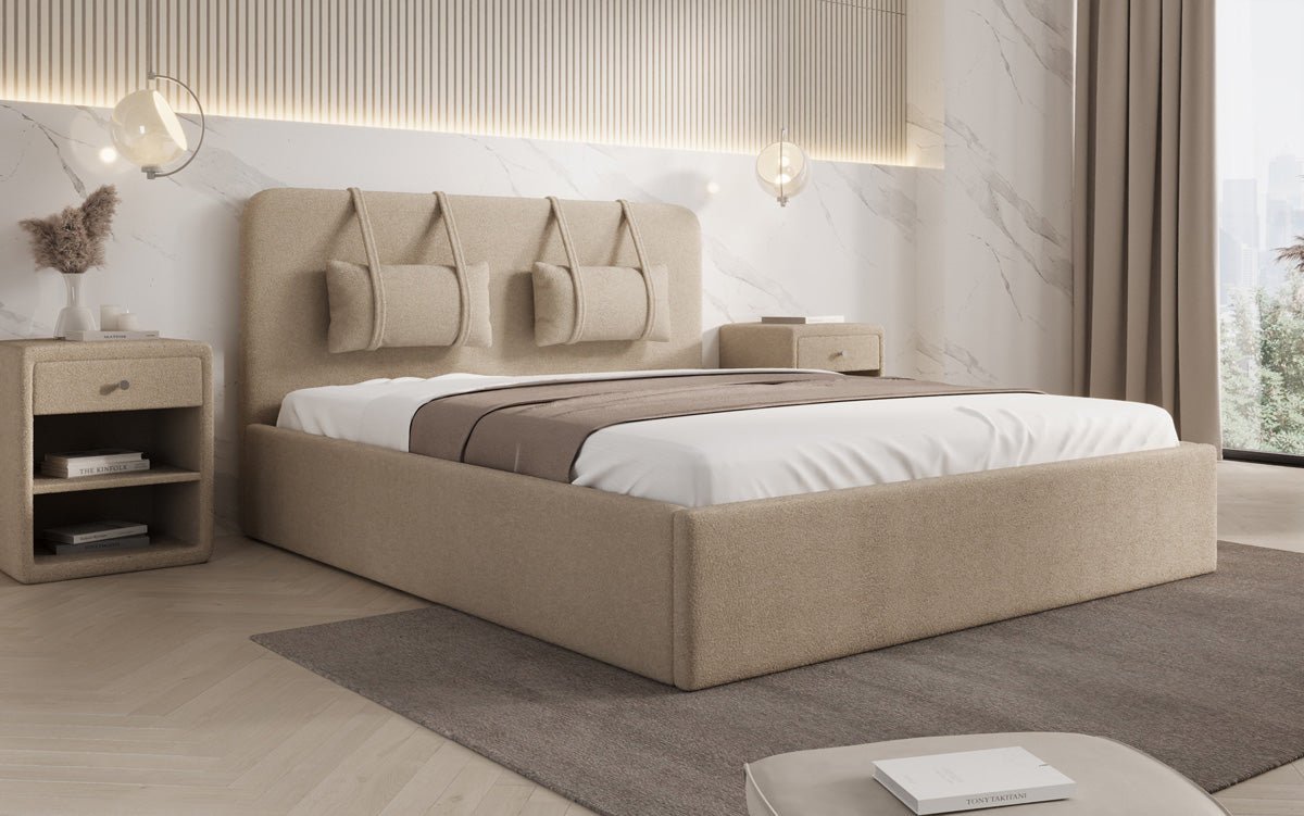 Designer Polsterbett Alma in Bouclé mit Stauraum
