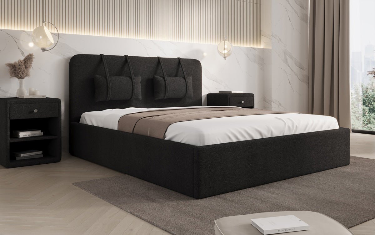 Designer Polsterbett Alma in Bouclé mit Stauraum