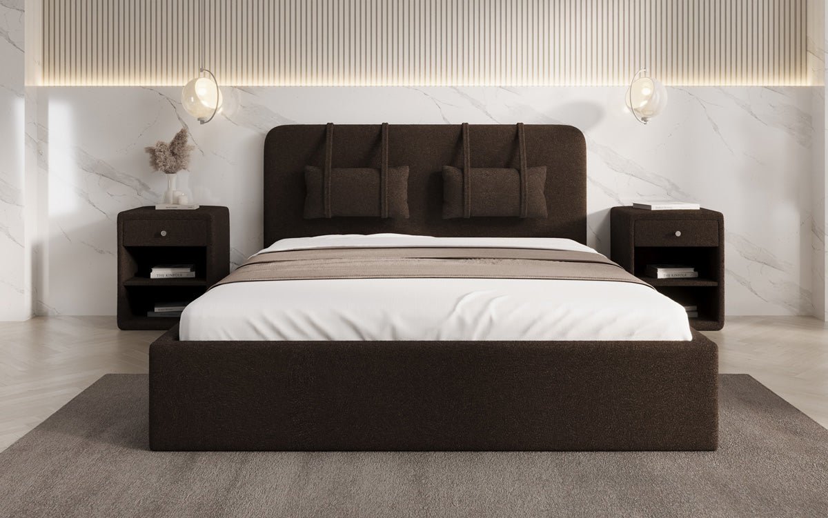Designer Polsterbett Alma in Bouclé mit Stauraum