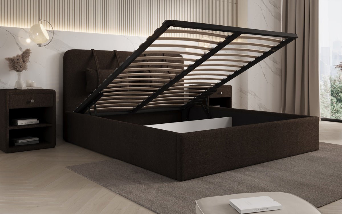 Designer Polsterbett Alma in Bouclé mit Stauraum