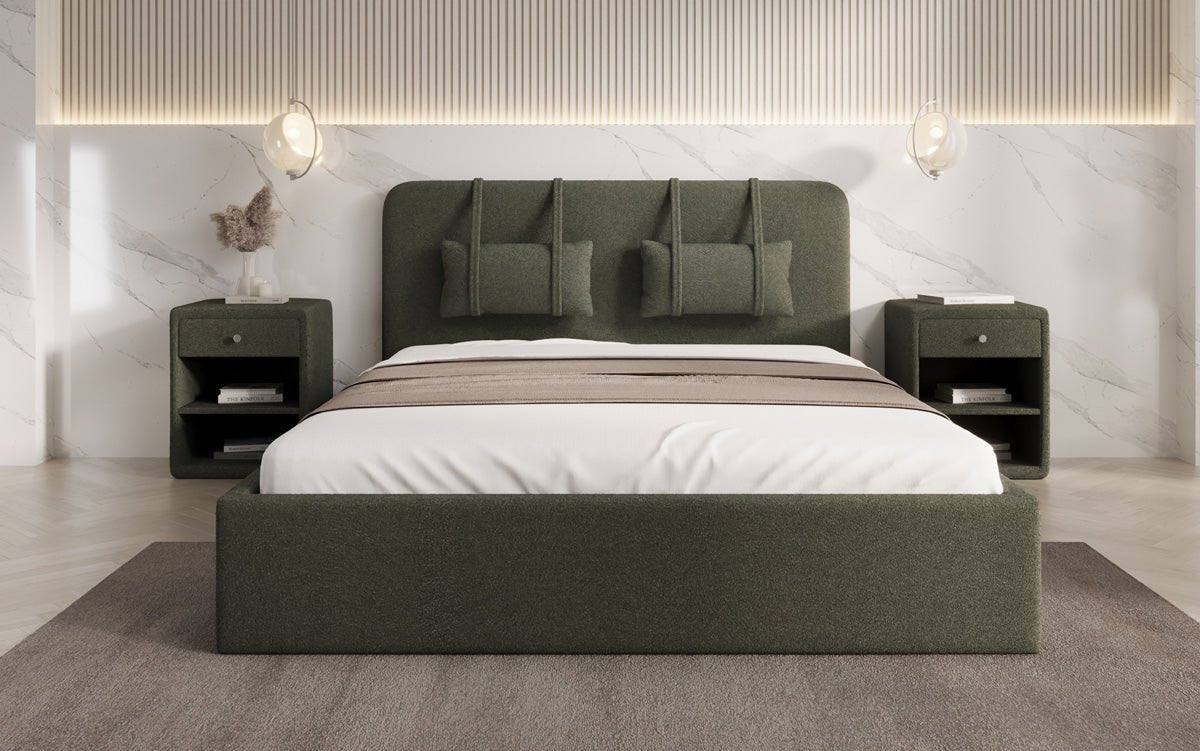 Designer Polsterbett Alma in Bouclé mit Stauraum