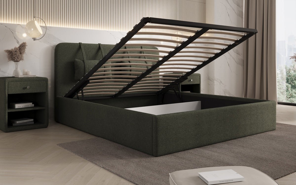 Designer Polsterbett Alma in Bouclé mit Stauraum