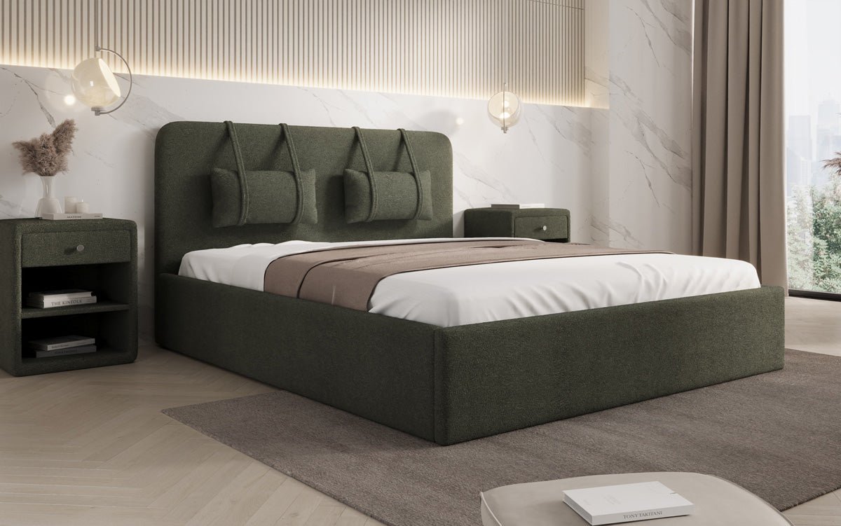 Designer Polsterbett Alma in Bouclé mit Stauraum