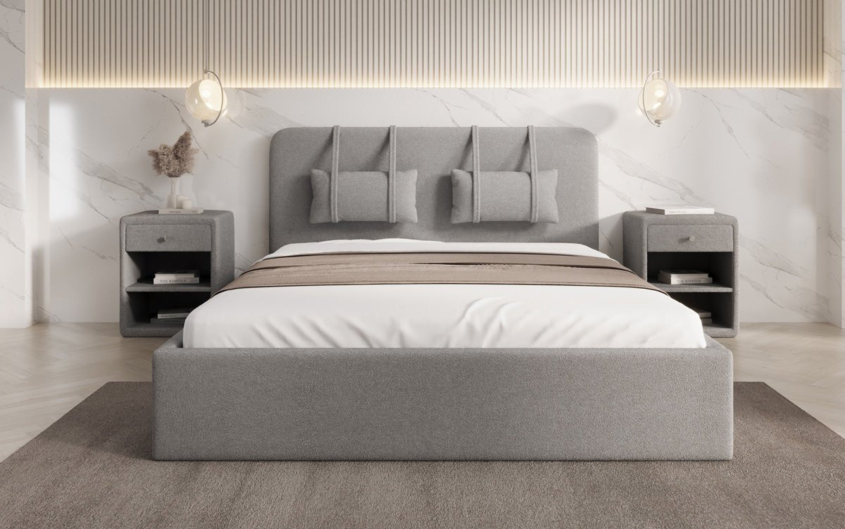 Designer Polsterbett Alma in Bouclé mit Stauraum