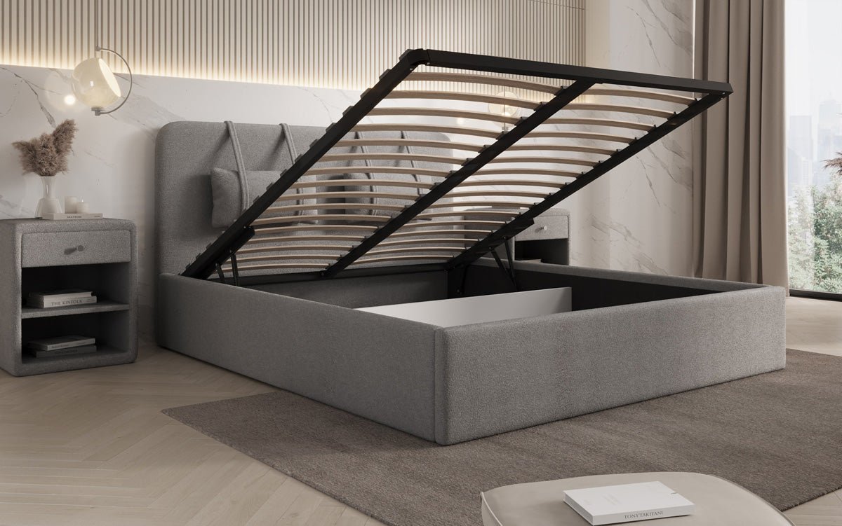 Designer Polsterbett Alma in Bouclé mit Stauraum