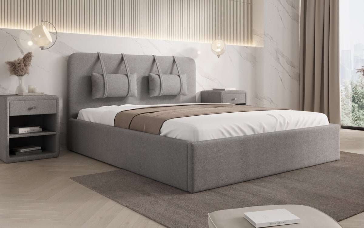 Designer Polsterbett Alma in Bouclé mit Stauraum