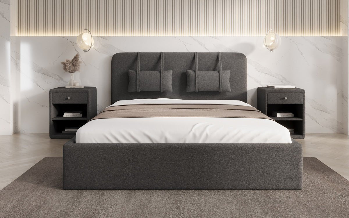 Designer Polsterbett Alma in Bouclé mit Stauraum