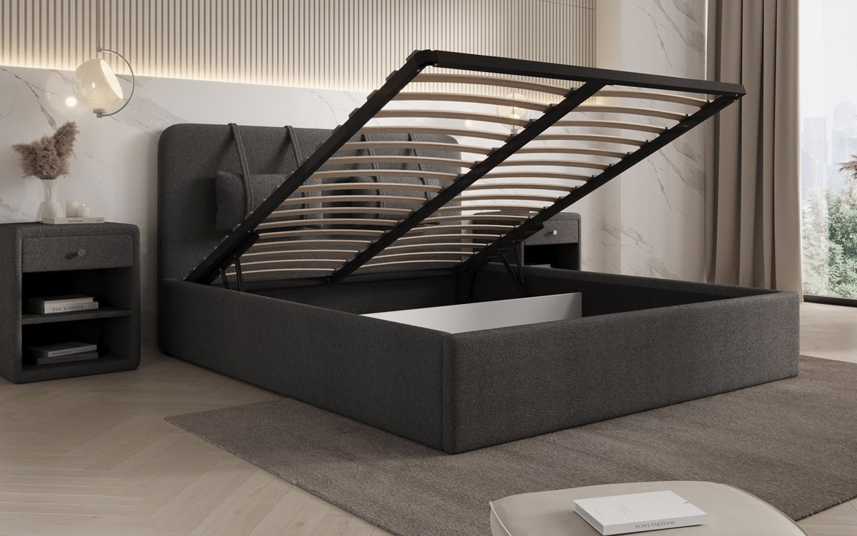 Designer Polsterbett Alma in Bouclé mit Stauraum