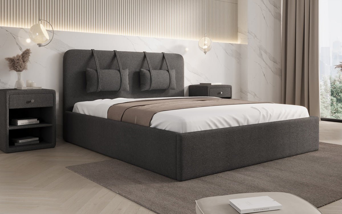 Designer Polsterbett Alma in Bouclé mit Stauraum