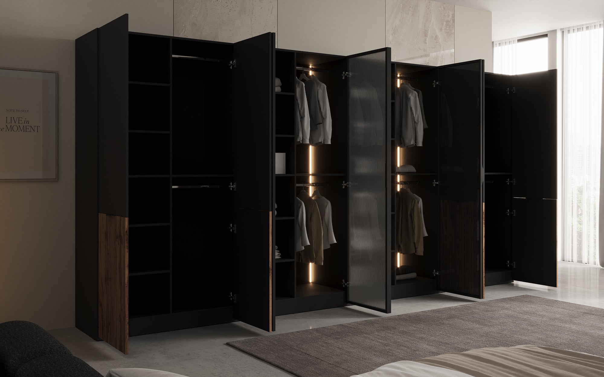 Modulo Kalen – Viermoduliger Design-Kleiderschrank mit Holz- und Strukturglasfron