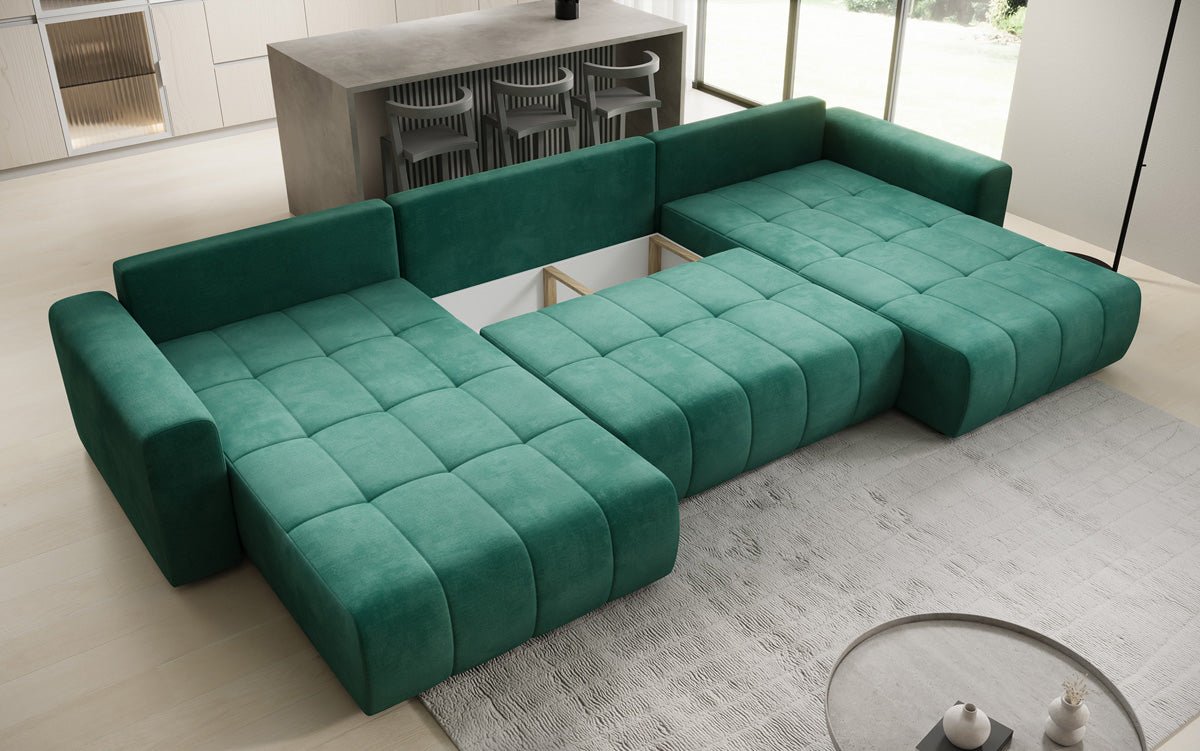 Designer Sofa Leveno U mit Schlaf- und Klappfunktion in Samt
