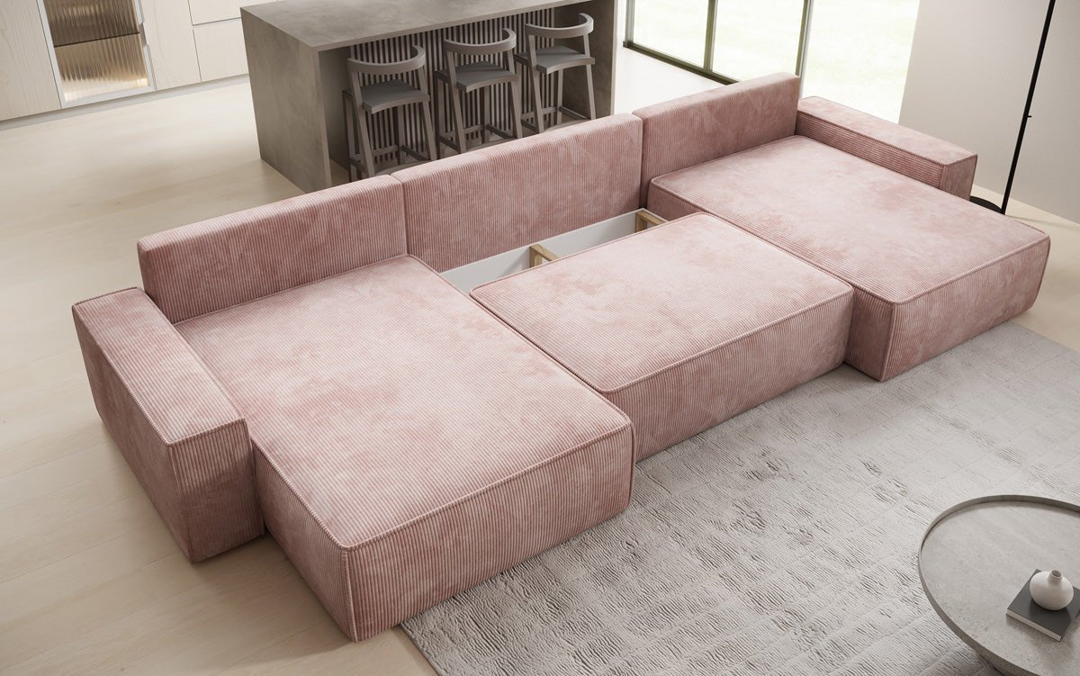 Designer Sofa Lunaro U mit Schlaffunktion und Stauraum in Cord