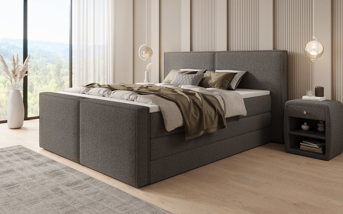 Boxspringbett Ophelia II mit hochklappbarem Stauraum in Teddy Bouclé