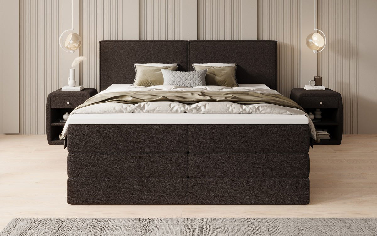 Boxspringbett Ophelia mit hochklappbarem Stauraum in Teddy Bouclé