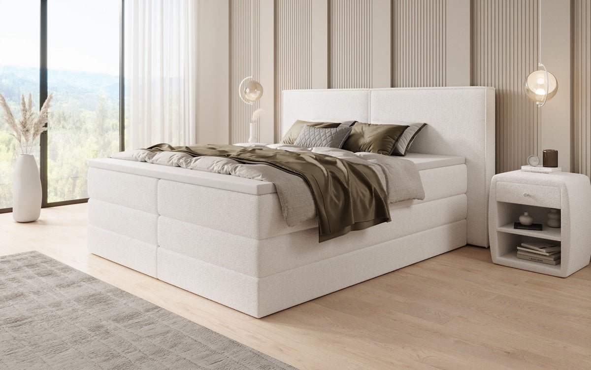 Boxspringbett Ophelia mit hochklappbarem Stauraum in Teddy Bouclé