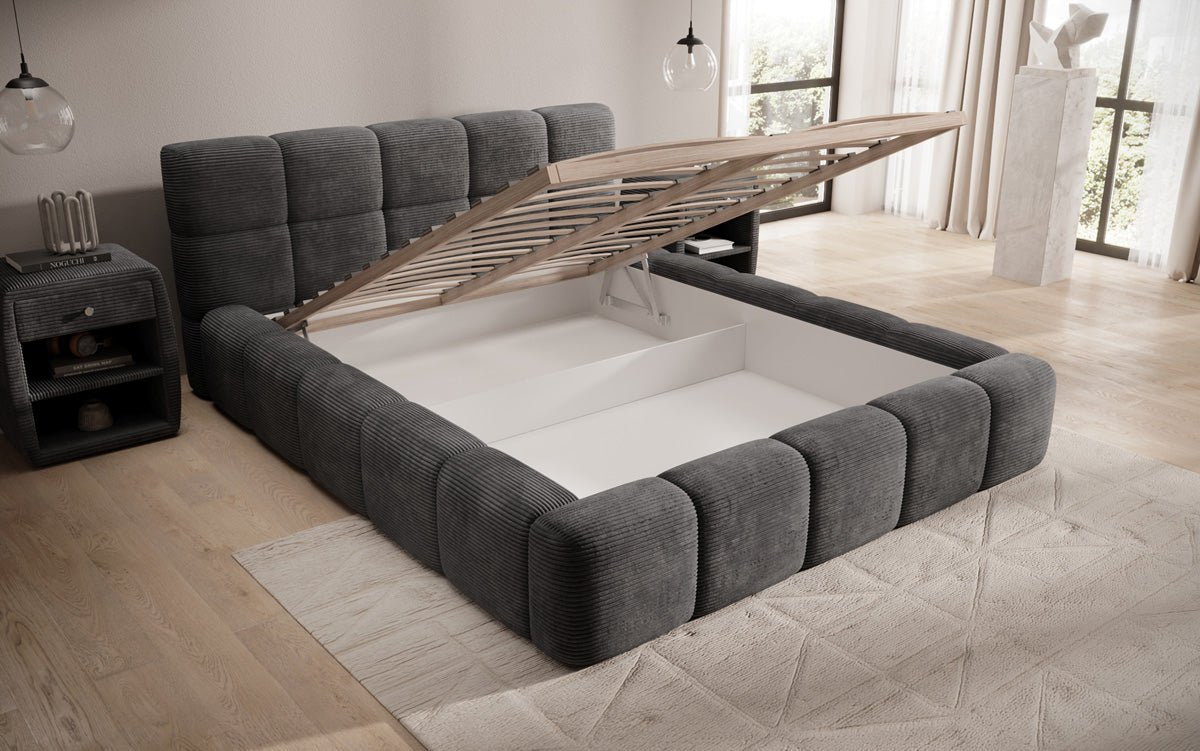 Designer Polsterbett Nox in Cord mit Stauraum