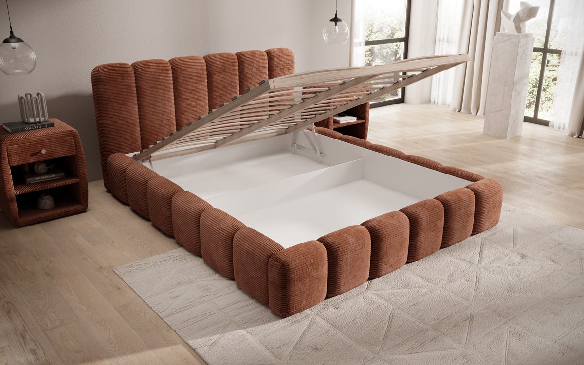 Designer Polsterbett Tevara in Cord mit Stauraum