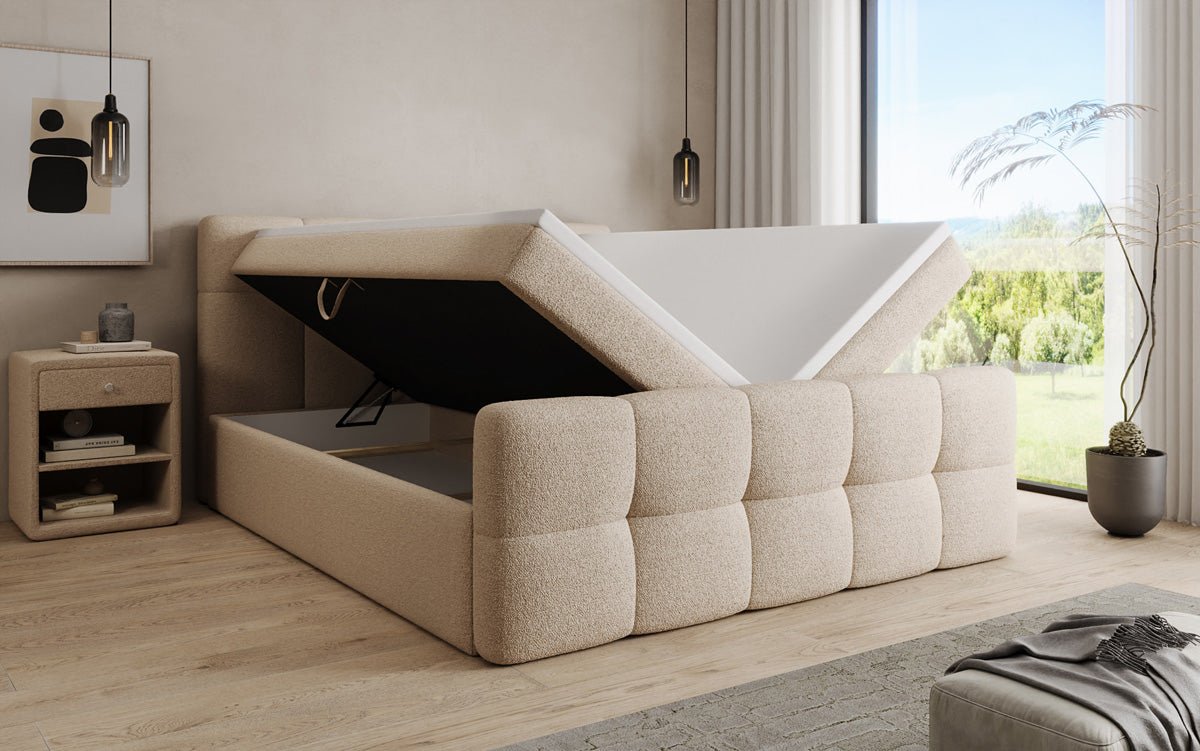 Boxspringbett Cozy in Teddy Bouclé mit Stauraum