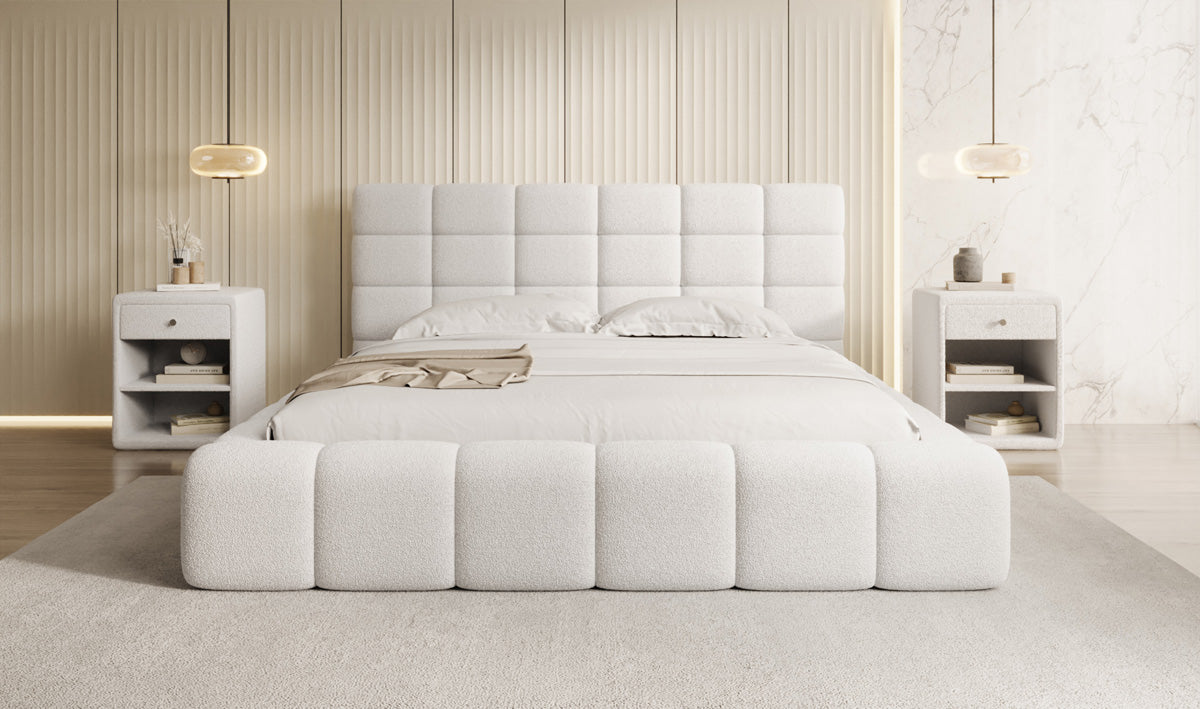 Designer Polsterbett Marshmallow in Teddy Bouclé mit Stauraum