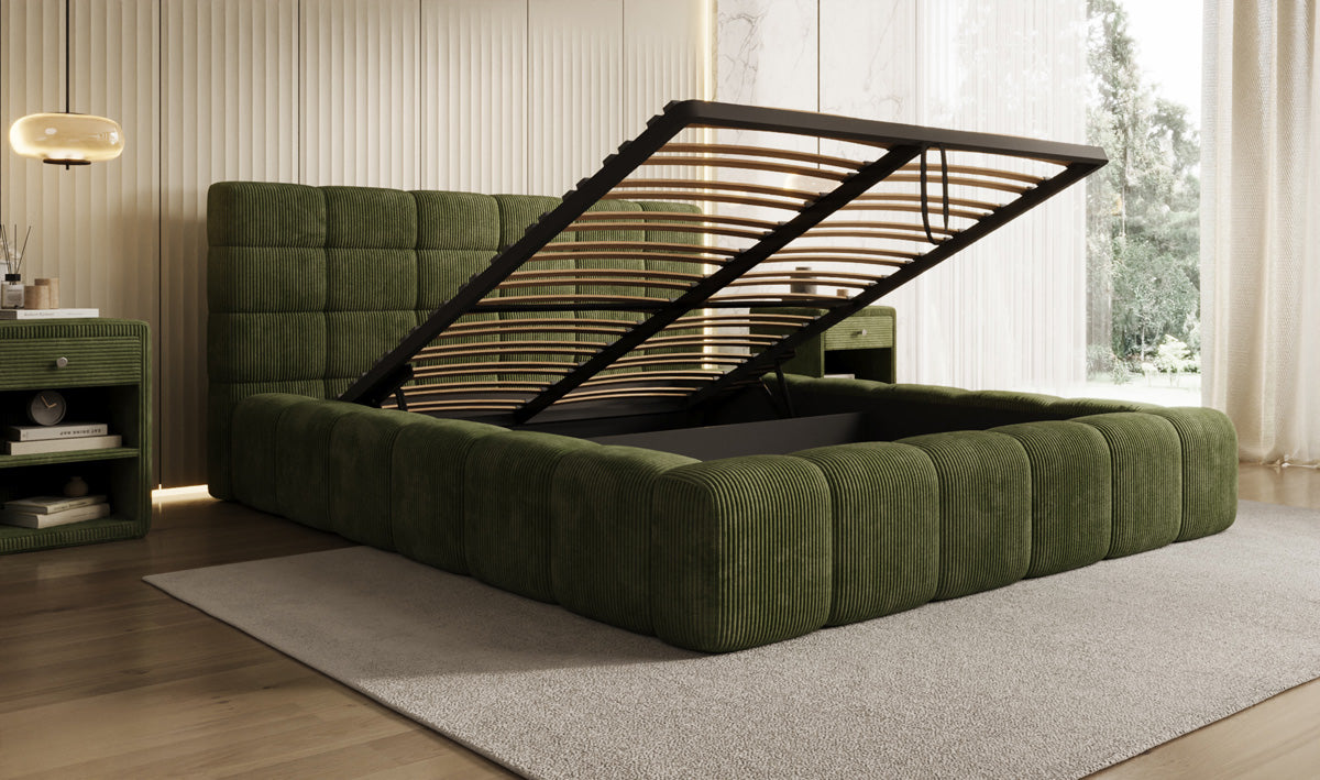 Designer Polsterbett Marshmallow in Cord mit Stauraum