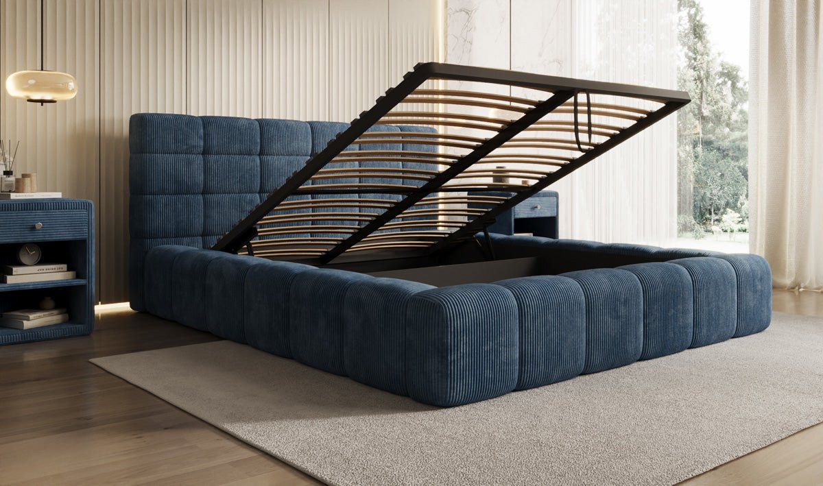 Designer Polsterbett Marshmallow in Cord mit Stauraum