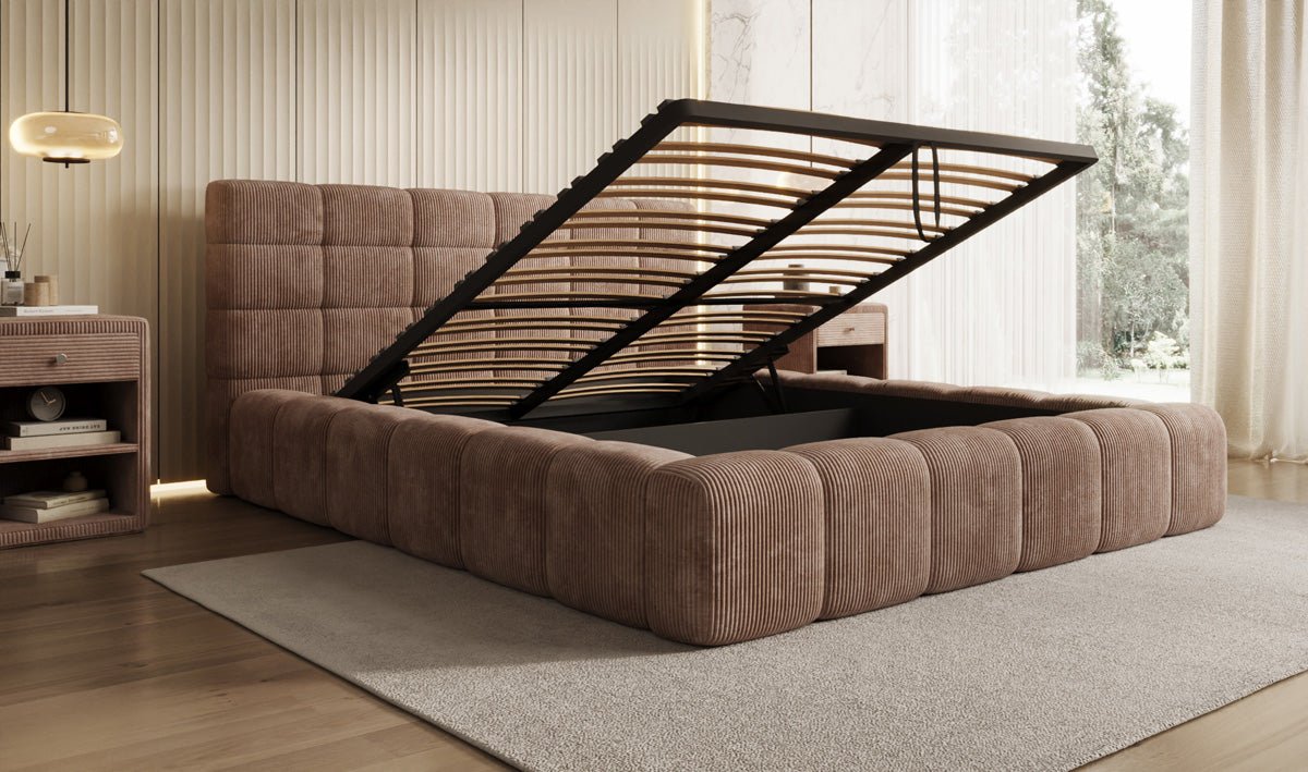 Designer Polsterbett Marshmallow in Cord mit Stauraum
