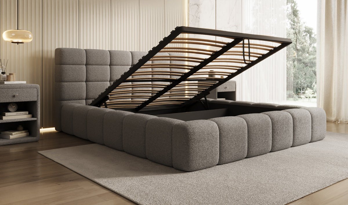 Designer Polsterbett Marshmallow in Teddy Bouclé mit Stauraum