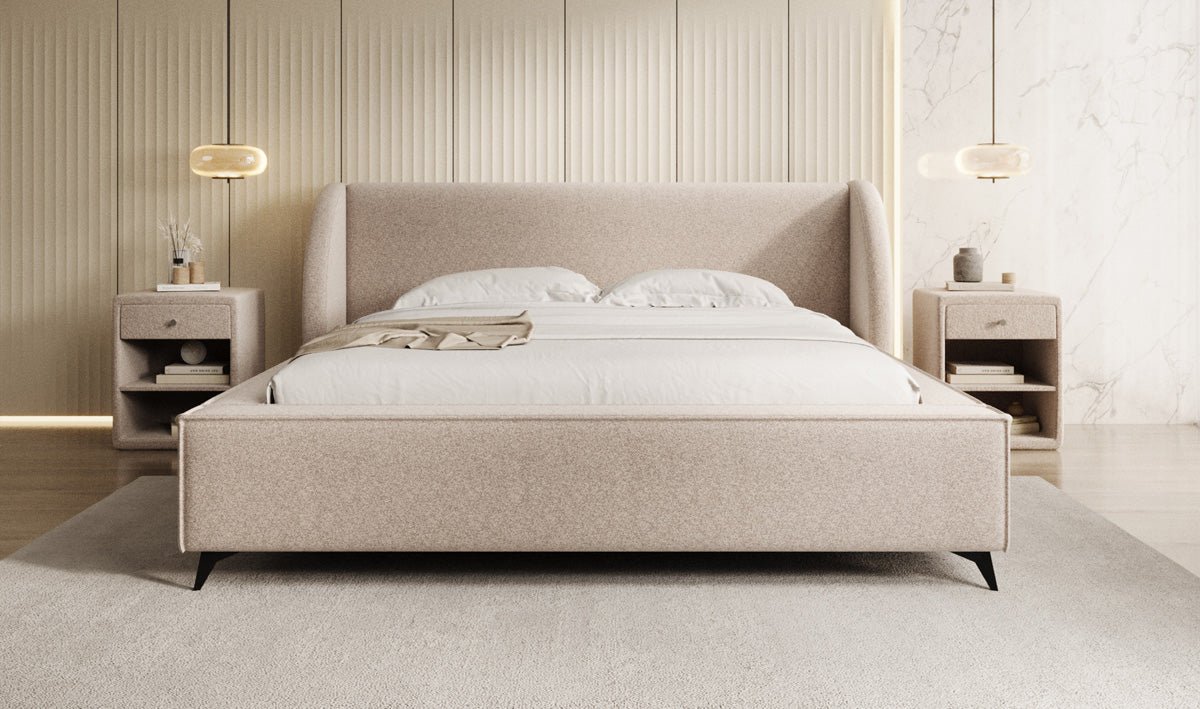 Designer Polsterbett Freya in Strukturstoff mit Stauraum