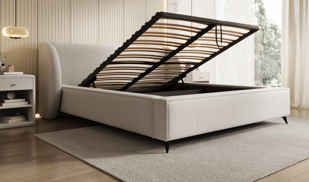 Designer Polsterbett Freya in Strukturstoff mit Stauraum