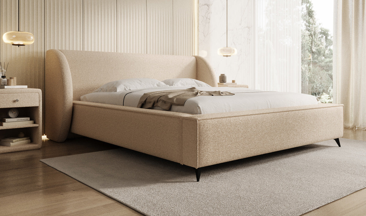 Designer Polsterbett Freya in Teddy Bouclé mit Stauraum