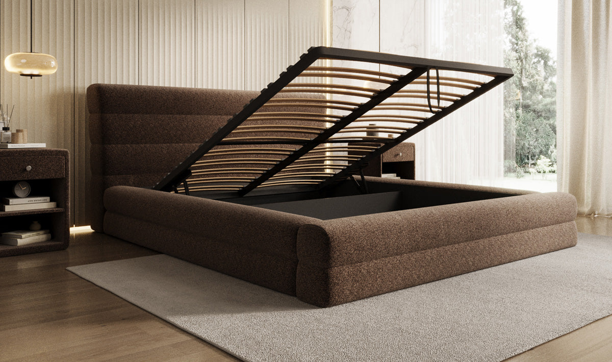 Designer Polsterbett Maren in Strukturstoff mit Stauraum
